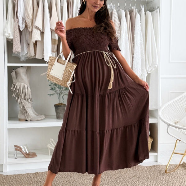 Robe longue grossesse ceinture épaule dénudée fluide café