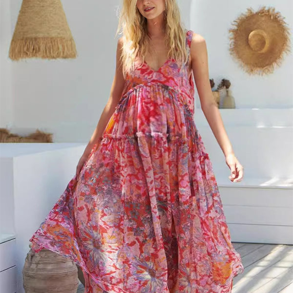 Robes longue de grossesse imprimé fleurie-Rose poudré