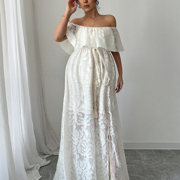 Robe longue grossesse volants fendu le côté ceinture blanche
