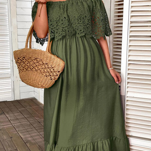 Robe longue grossesse dentelle volants épaule dénudée vert