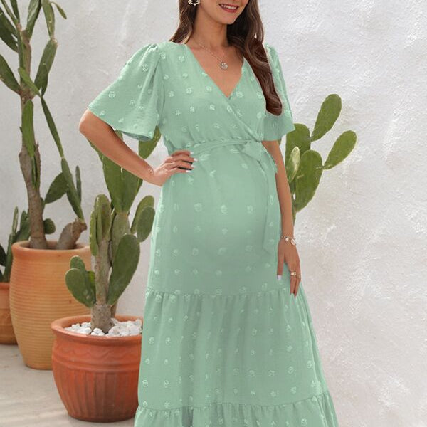 Robes longue grossesse pompon trapèze ceinture vert clair