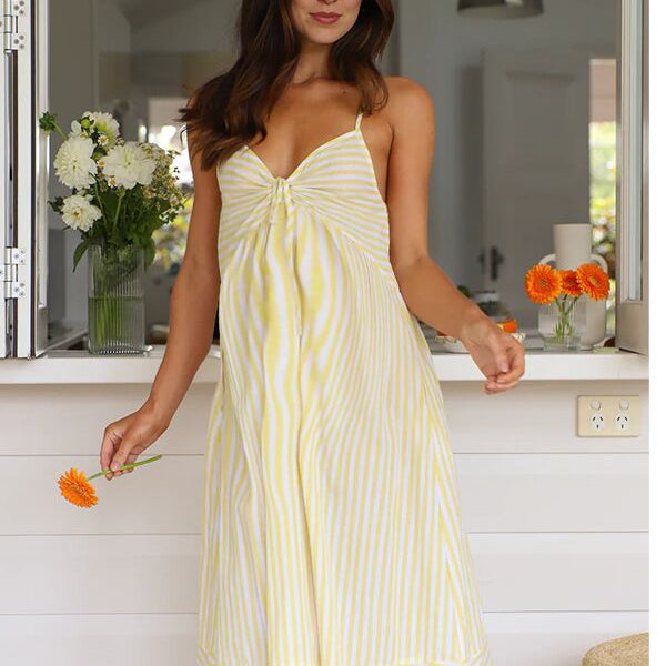 Robes longue grossesse rayé nœud papillon spaghettiträger jaune