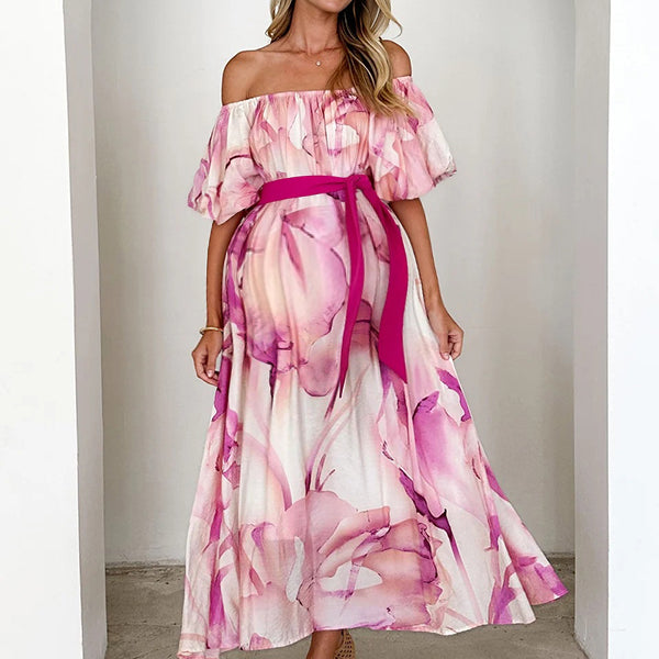Robe longue grossesse tie and dye ceinture rouge