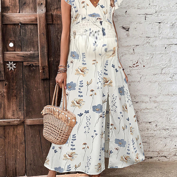 Robes longue grossesse imprimé fleurie fendu le côté volants blanche