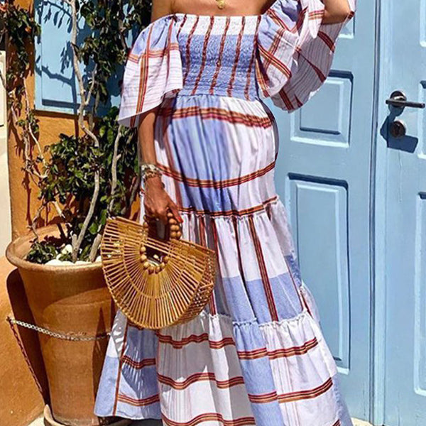 Robe longue grossesse rayé volants trapèze fluide bleu