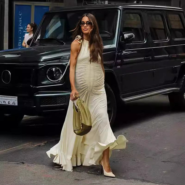 Robes longue grossesse plissé licou ruban beige