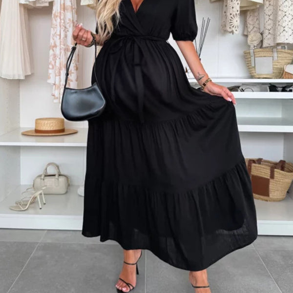 Robe longue grossesse ceinture volants fluide noir