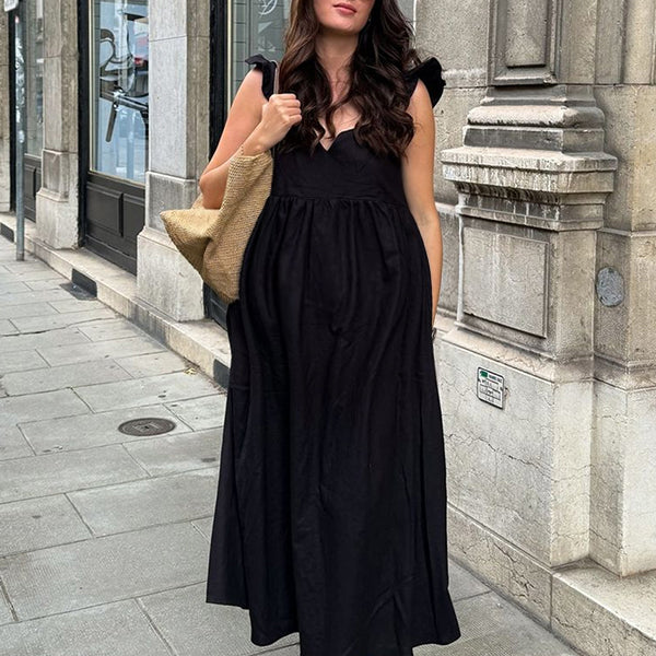 Robe longue grossesse volants fluide dos nu noir