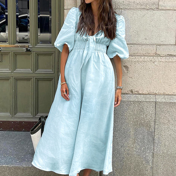 Robe longue grossesse nœud papillon fluide trapèze bleu clair