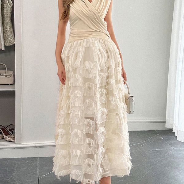 Robe longue grossesse poilu frange plissé abricot