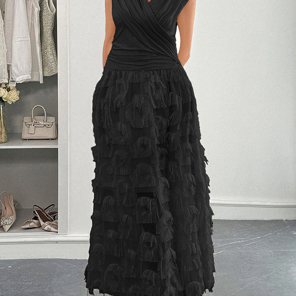 Robe longue grossesse poilu frange plissé noir