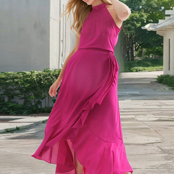 Robe longue grossesse ceinture volants fendu le côté rose framboise
