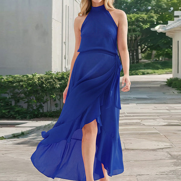 Robe longue grossesse ceinture volants fendu le côté bleu