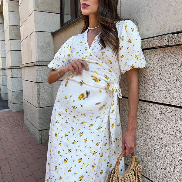 Robes longue grossesse imprimé fleurie ceinture trapèze jaune