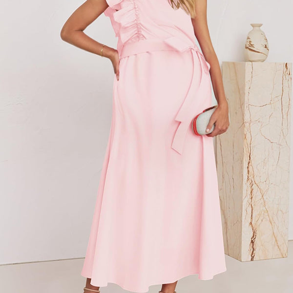 Robes longue grossesse nœud papillon ceinture ruchés froncées rose