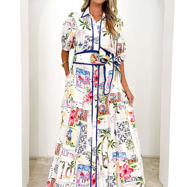 Robe longue grossesse imprimé fleurie ceinture blanche