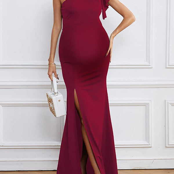Robe longue grossesse volants fendu le côté asymétrique rouge