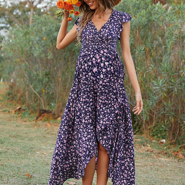 Robe longue grossesse imprimé fleurie volants fendu le côté bleu marine