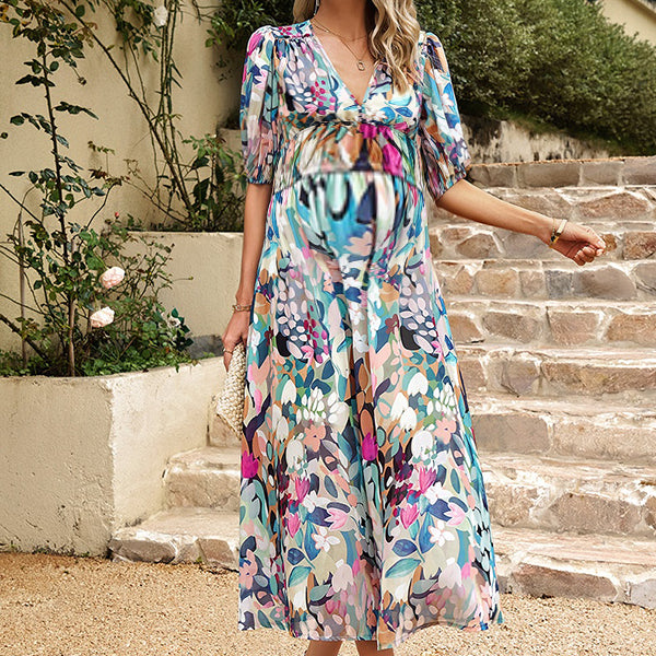 Robe longue grossesse imprimé fleurie trapèze vert