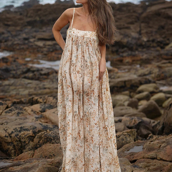Robe longue grossesse imprimé fleurie fluide spaghettiträger jaune