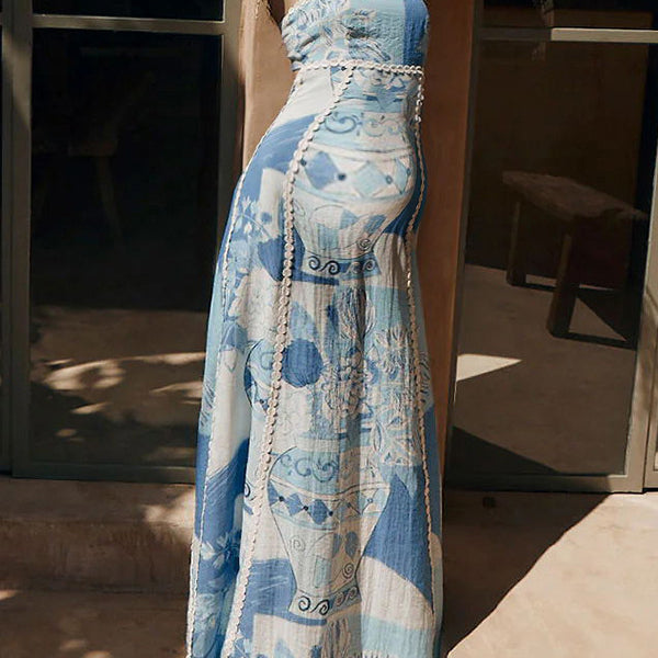 Robe longue grossesse imprimé fleurie couleur bloc dos nu bleu