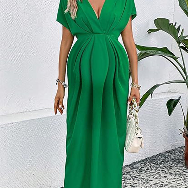 Robe longue grossesse nœud plissé vert