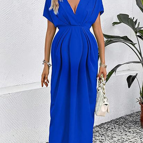 Robe longue grossesse nœud plissé bleu