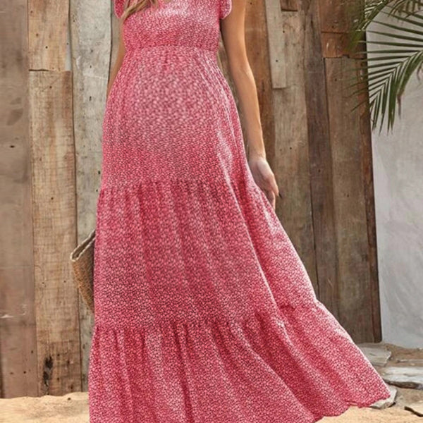 Robes longue grossesse imprimé fleurie volants rouge