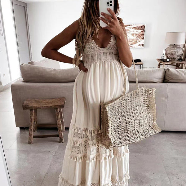 Robe longue grossesse dentelle frange abricot
