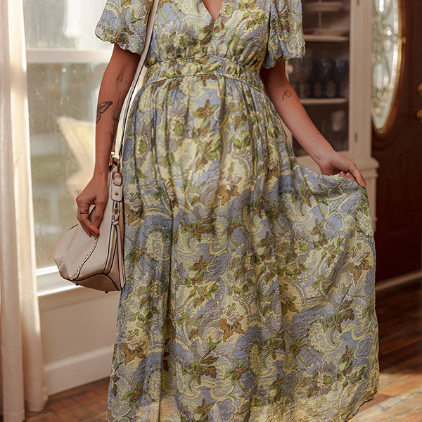 Robe longue grossesse imprimé fleurie trapèze vert