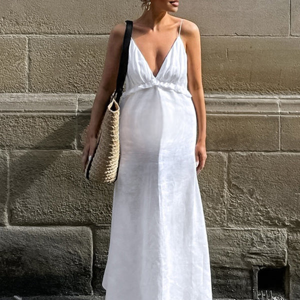 Robe longue grossesse ruchés froncées spaghettiträger blanche