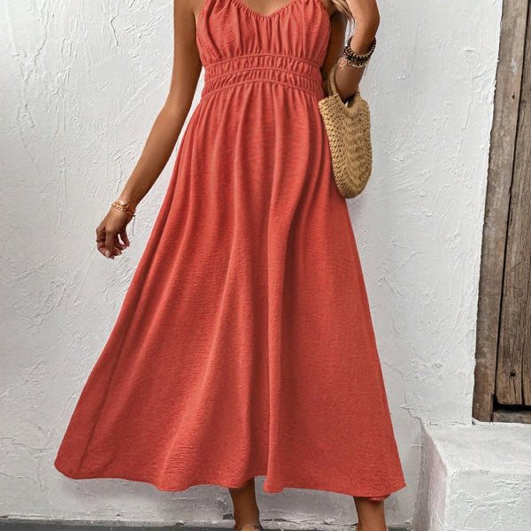 Robe longue grossesse nœud papillon plissé rouge