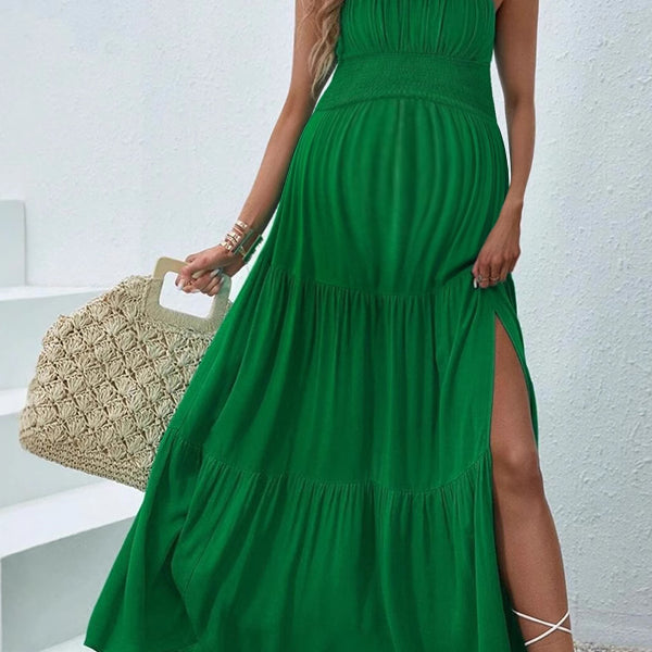 Robe longue grossesse fendu le côté spaghettiträger vert