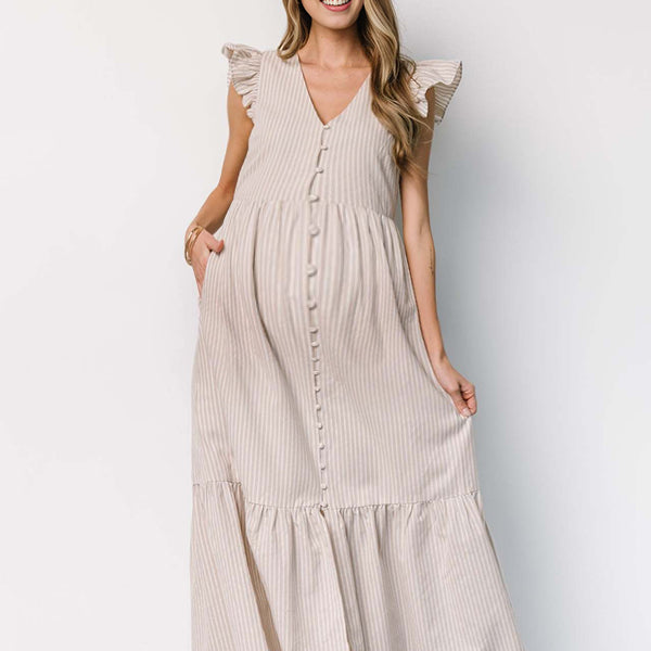 Robe longue grossesse rayé volants bouton beige