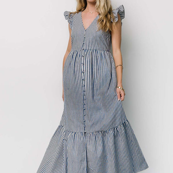 Robe longue grossesse rayé volants bouton bleu