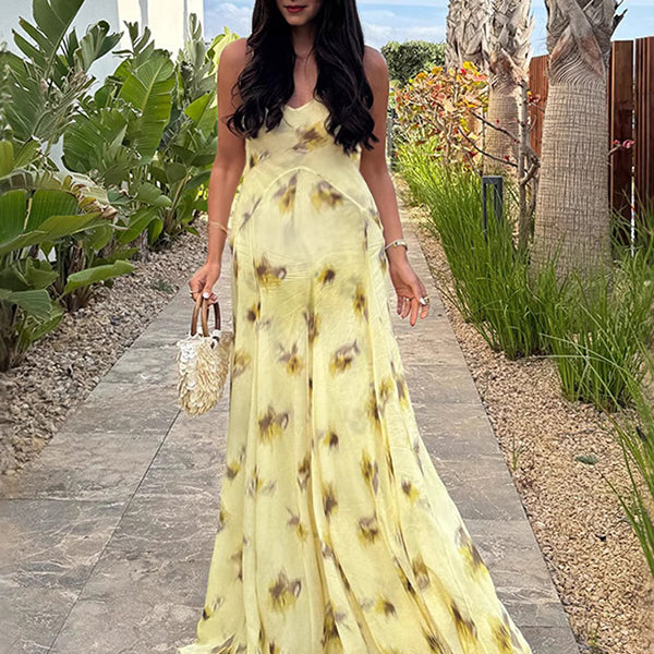 Beaumama robe longue grossesse imprimé fleurie fluide dos nu jaune
