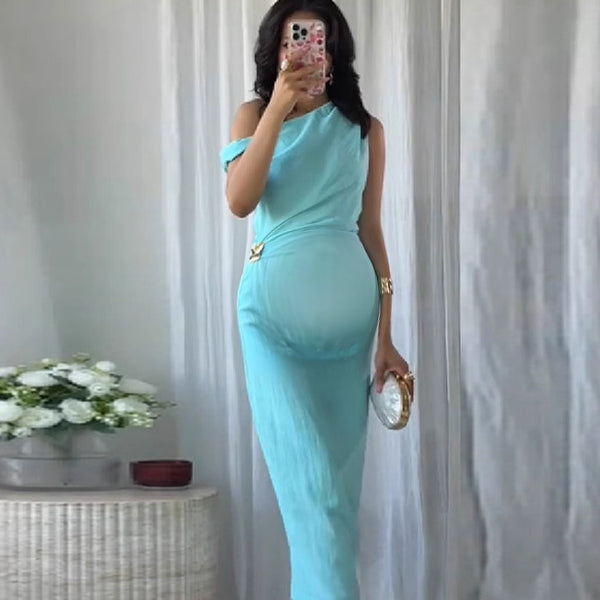 Beaumama robe longue grossesse épaule asymétrique boucle bleu