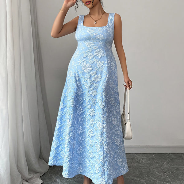 Beaumama robe longue grossesse broderie col carré bleu ciel