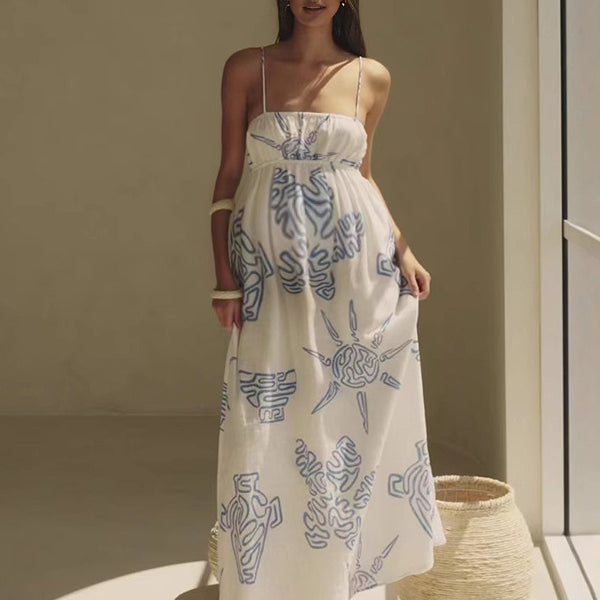 Beaumama robe longue grossesse impression graffiti spaghettiträger fluide blanche