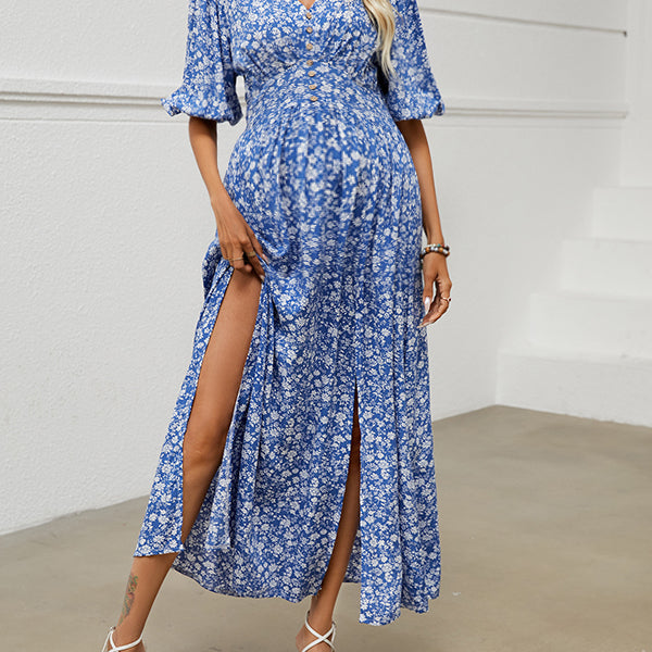 Beaumama robe longue grossesse imprimé fleurie fendu le côté bleu
