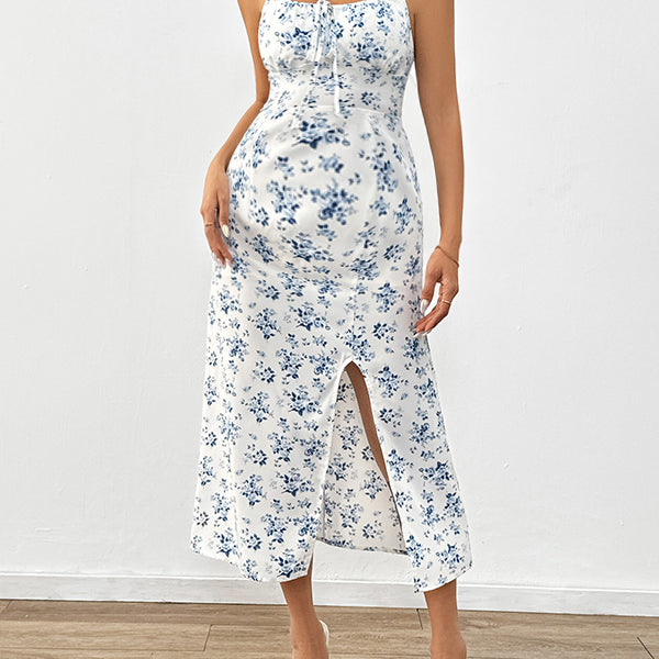 Beaumama robe longue grossesse imprimé fleurie fendu le côté blanche