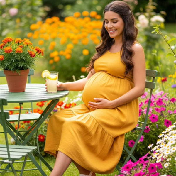 Beaumama robe longue grossesse trapèze fluide femme enceinte jaune