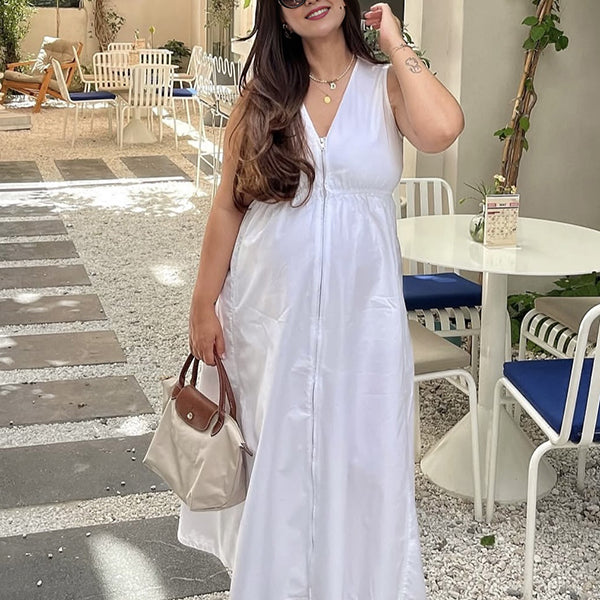 Beaumama robe longue grossesse fermeture éclair confortable blanche femme enceinte