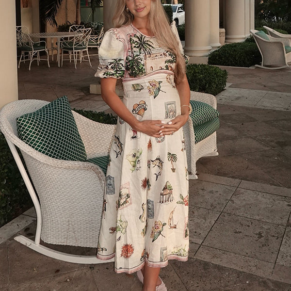 Beaumama robe longue grossesse vacances impression graffiti trapèze fluide femme enceinte