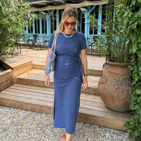 Beaumama robe longue grossesse fendu le côté ceinture femme enceinte bleu saphir