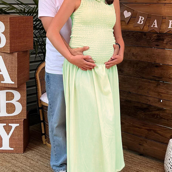 Beaumama robe longue grossesse babyshower moulante plissé trapèze vert femme enceinte