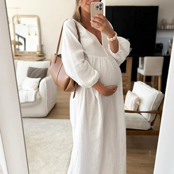 Beaumama robe longue grossesse trapèze fluide blanche femme enceinte