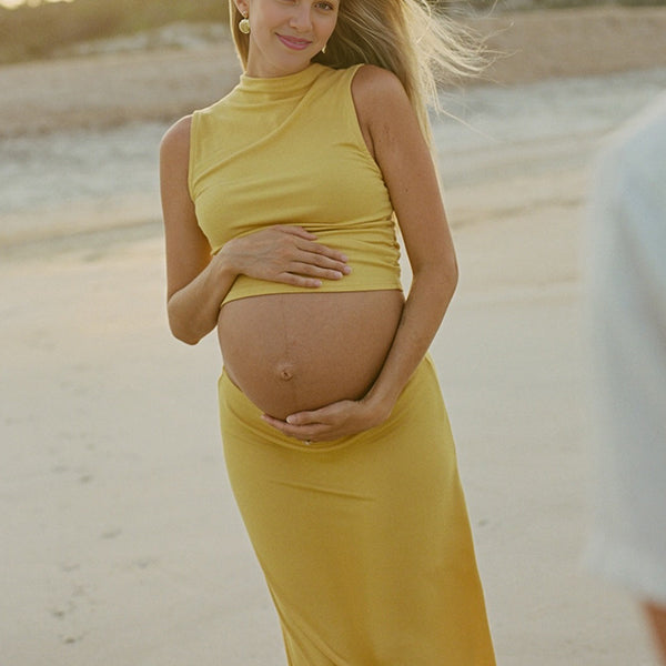 Beaumama robe longue grossesse enceinte shooting costume deux pièces moulante moutarde femme enceinte