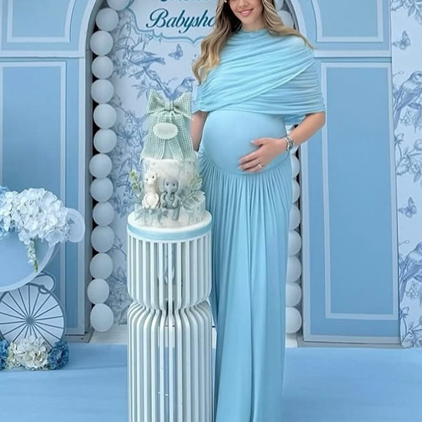 Beaumama robe longue grossesse chic babyshower irrégulier plissé fluide bleu clair femme enceinte
