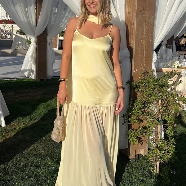 Beaumama robe longue grossesse chic babyshower tulle épissage ruban jaune femme enceinte